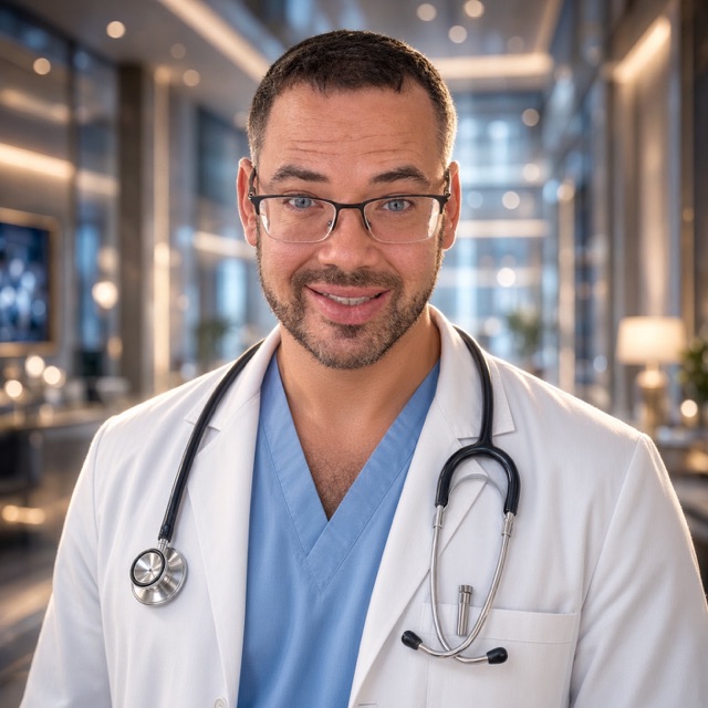 Portrait of the ShavraMD physician wearing blue scrubs and a white coat